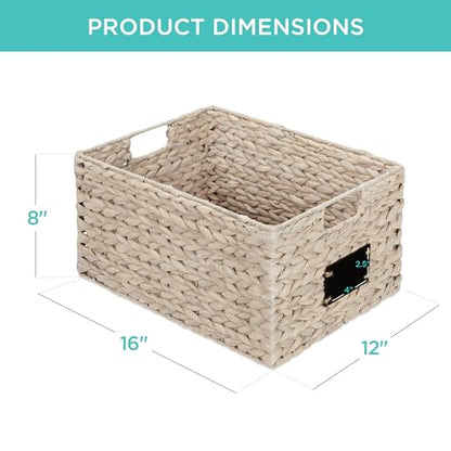 Best Choice Products 식료품 저장실 바구니 40.6 x 30.5cm(16 x 12인치) 워터 히아신스 보관 바구니 2개 세트, 손잡이가 달린 우븐 고리버들 주방 정리함, 칠판 라벨 분필 마커 포함 - 화이트 - color: 화이트., size: 12x16x8in