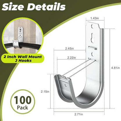 100pcs 2 Inch J Hook Wall Mount J Hook with Retainer Clip Rust-Resistant J Hook for Hanging Wire Cable Management & Organization Solution
