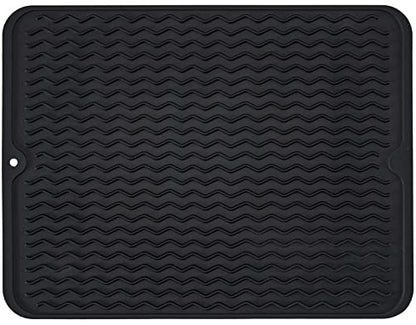 Silicone Dish Drying Mat, Non-Slip Easy Clean Sink Mat Large Heat-resistant Dish Drainer Mat for Kitchen Counter, Sink, Refrigerator or Drawer liner (16" x 12", BLACK) - size: 16" x 12"