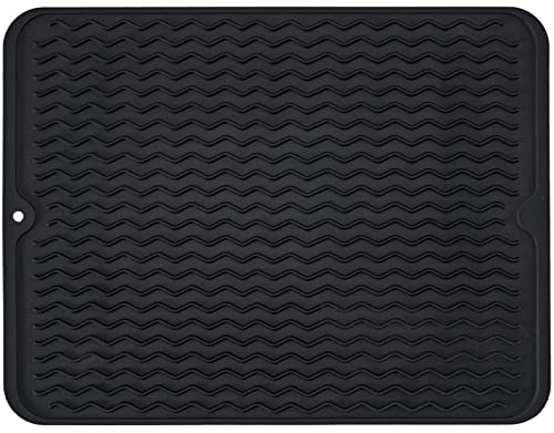 Silicone Dish Drying Mat, Non-Slip Easy Clean Sink Mat Large Heat-resistant Dish Drainer Mat for Kitchen Counter, Sink, Refrigerator or Drawer liner (16" x 12", BLACK) - size: 16" x 12"