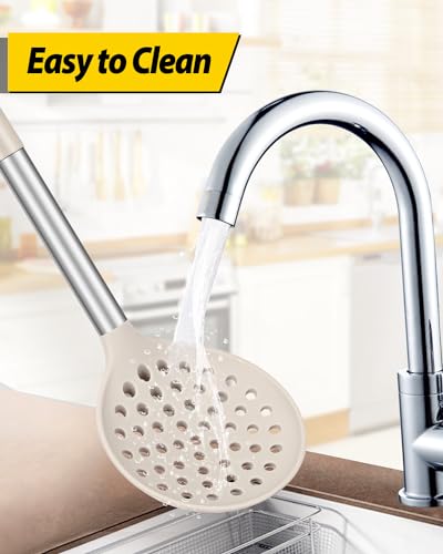 Kitchen Ladle Strainer Set of 2 Large Slotted Spoon with High Heat Resistant BPA Free Non Stick Cooking Skimmers For Draining and Frying (Black-Khaki) - color: Black+Khaki