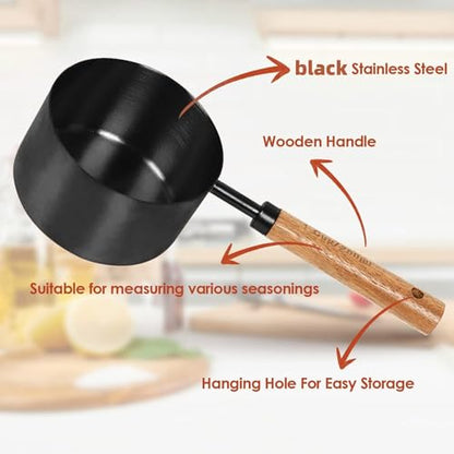 8-Piece Black Measuring Cups and Spoons Set, Stainless Steel Kitchen Measuring Set with Acacia Wood Handles for Baking and Cooking - color: Black