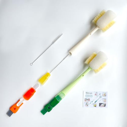 5 in 1 Bottle Cleaning Brush Set, Detail for Baby Bottle Cleaner | 5 in 1 Multifunctional, Cup Lid Clean Brushes, Straw Cleaner, Detail for Baby Bottle Nipple, Sponge Bottle Cleaner - color: Orange & Green
