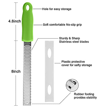 8-Inch Lemon Zester & Cheese Grater 18/8 Stainless Steel Citrus Zester for Lemon, Lime, Parmesan, Garlic & Ginger 8’’ Long Razor Sharp Blade, Ergonomic Non‑Slip Handle with Protective Cover, Green - color: Green