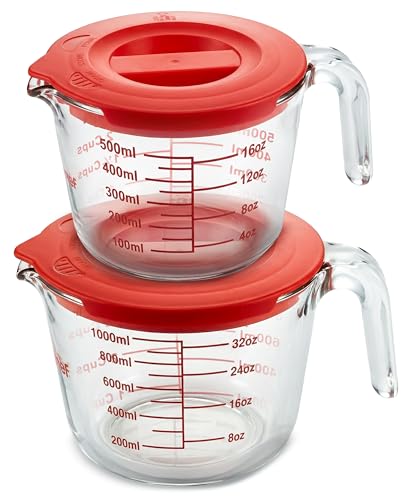 NutriChef 2 and 4 Cups Glass Measuring Cup Set with Lids (17 & 34 oz) - Heat-Resistant Borosilicate Liquid Measure Cups with Easy-Read Scale for Cooking, Baking and Food Storage, Dishwasher Safe - size: 2 pc set with lids