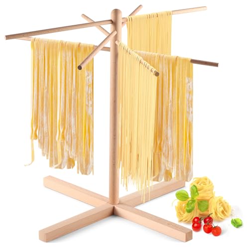 iSiLER Natural Beech Wood Pasta Drying Rack with 8 Branches, Easy to Transfer for Drying Pasta and Spaghetti, Special Suspension Design for Storage | Solid Food-Safe Beech Wood Construction, Quick Assembly & Foldable Space-Saving Design, Easy to Wipe Clea