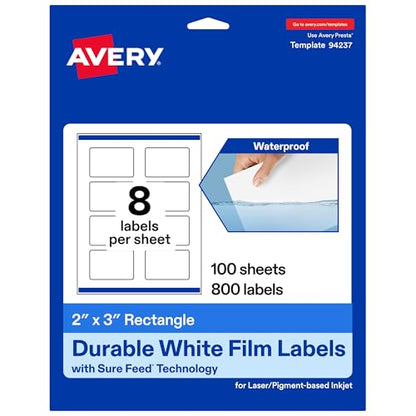 Avery Printable Durable White Rectangle Labels, Sure Feed Technology, 2" x 3", Print-to-the-Edge, Waterproof Labels, Laser & Pigment-Based Inkjet Compatible, 800 Total - style: 800 labels