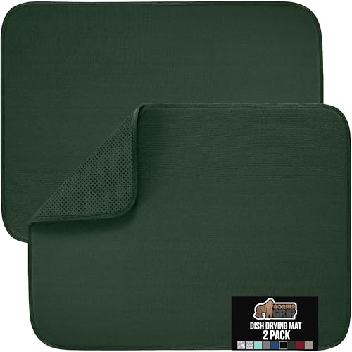 GORILLA GRIP Ultra Water Absorbent Microfiber Dish Drying Mat, 2 PK, Slip Resistant Grip Dot Backing, Fast Drying Pad for Dishes, Kitchen Counter, Machine Washable Dishrack Mats, 18x16, Hunter Green - color: Hunter Green, size: 18" x 16" (2 Pack), style: