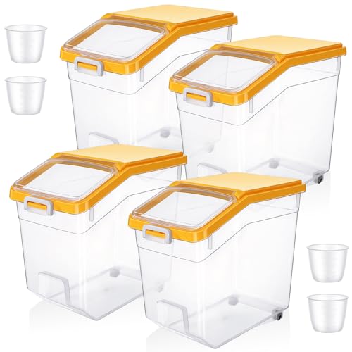 Sunnyray 4 Pcs Rice Storage Container 38 lb Flour Container with Wheels Measuring Cup Clear Pet Food Bin Dog Bird Cat Food Bin Grain Cereal Organizer Box for Dry Baking Supplies(Yellow Lid) - color: Yellow Lid, size: 38 lb