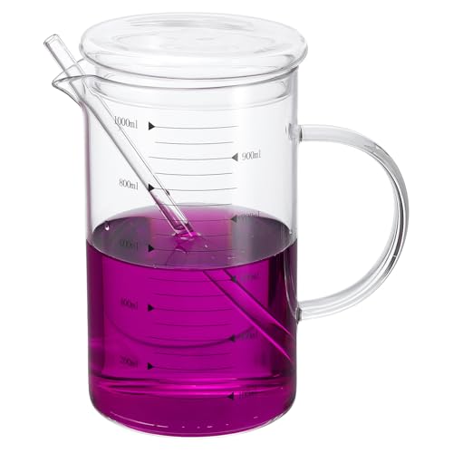 PATIKIL 1000ml Glass Measuring Cup, Borosilicate Glass Beaker Graduated Liquid Measure Cups with Glass-Lid Straw V-Shaped Spout for Kitchen Drinking Restaurant, Black Printed Scale - color: Black Scale, size: 1000ml