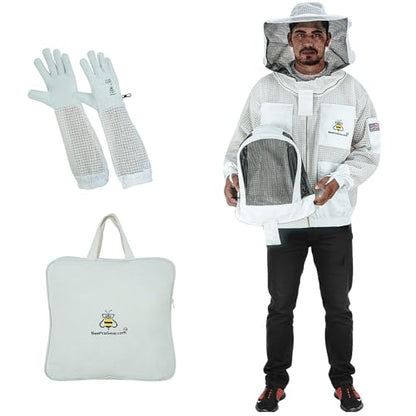 3-Layer Ventilated Mesh Bee Jacket for Men & Women with Veils Sting-Proof Beekeeping Jacket with Leather Gloves & Bag - color: White Dual Veil, size: Small