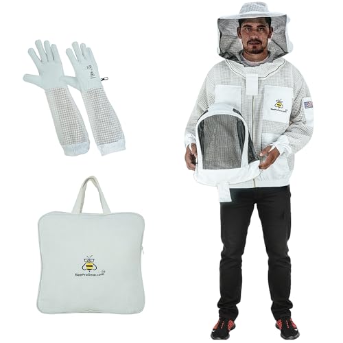 3-Layer Ventilated Mesh Bee Jacket for Men & Women with Veils Sting-Proof Beekeeping Jacket with Leather Gloves & Bag - color: White Dual Veil, size: Medium