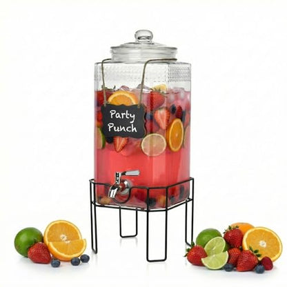 2 Gallon Glass Drink Dispenser, Drink Dispensers for Parties, Beverage Dispenser with Stand and Glass Lid, 100% Leakproof Spigot, Ideal for Lemonade, Juice, Laundry Detergent Dispenser - size: 2 Gallon