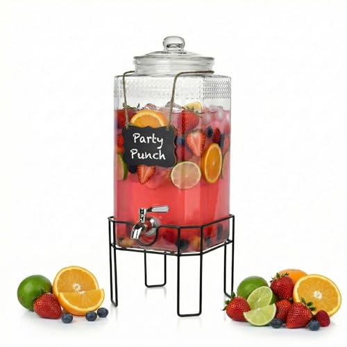 2 Gallon Glass Drink Dispenser, Drink Dispensers for Parties, Beverage Dispenser with Stand and Glass Lid, 100% Leakproof Spigot, Ideal for Lemonade, Juice, Laundry Detergent Dispenser - size: 2 Gallon