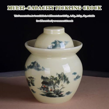 Classical Pastoral Ink Painting Kimchi Jar, Pickling Crock with Plastic Sealed Inner Lid, Ceramic Traditional Fermentation Tank, Decorative Storage Container(1.5kg) - size: 1.5kg