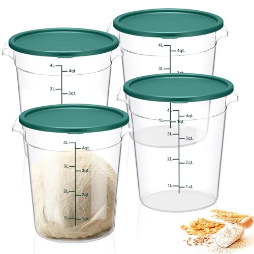 Suclain 4 Pcs 4 Qt Food Storage Container Bucket with Lids Clear Proofing Containers for Dough Rise Bread with Scale Handle Round Flour Commercial Storage Bucket for Home Restaurant Food(Green) - color: Green