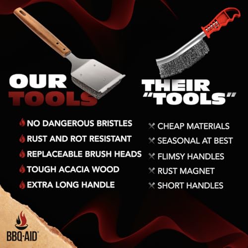 Bristle Free Grill Brush Cleaner and Scraper for Barbecue, Replaceable Head | Bristle-Free Grill Brush with Replaceable Head & Acacia Wood Handle. Heavy-Duty Scraper, No-Scratch BBQ Grate Cleaning. - color: Wood