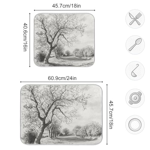Bare Trees Gray Dish Drying Mat for Kitchen Counter Super Absorbent Draining Mat with Non-slip Backed Sink Tray Mat for Dish Bottles Cups Bowl Countertops Sinks Draining Racks