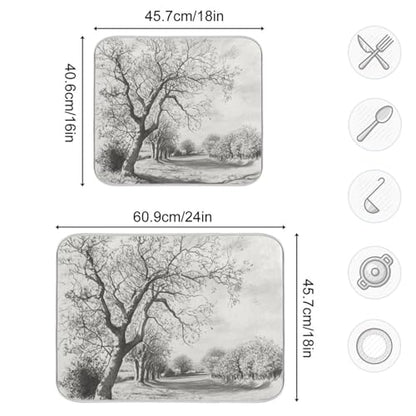 Bare Trees Gray Dish Drying Mat for Kitchen Counter Super Absorbent Draining Mat with Non-slip Backed Sink Tray Mat for Dish Bottles Cups Bowl Countertops Sinks Draining Racks