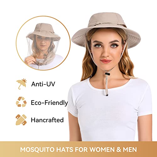 Mosquito Head Net Hat - Bug Cap UPF 50+ Sun Protection with Hidden Netting for Beekeeping Hiking Women - color: Khaki