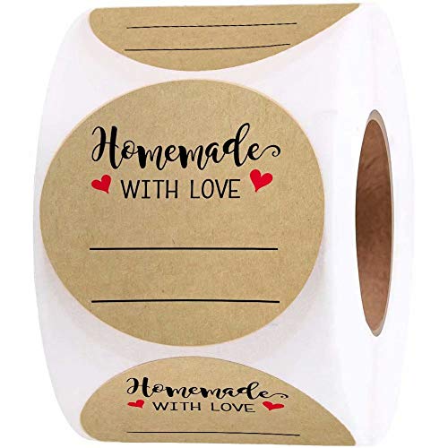 2 Inch Homemade with Love Sticker with Lines for Writing (500 Labels per roll) Brown Kraft Stickers for Canning Labels Jar, Store Owners, Crafts, Organizing, Gift, Price Tags, Envelop Seal - style: Home Made B