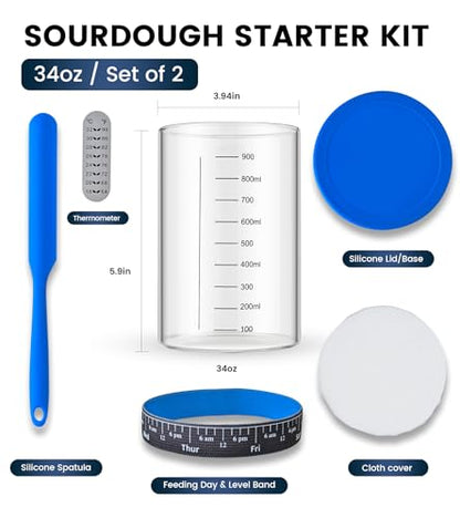 Adodeen Sourdough Starter Jar,Sourdough Starter Kit – 2 Pack 34oz Organic Sour Dough Glass Jars Wide Mouth,Fermenters Tool For Home Bakers,Bread Baking Supplies,Large Glass Container With Lid