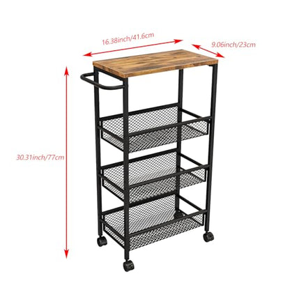 AZERPIAN Slim Rolling Cart 4 Tier Narrow Storage Cart on Wheels with MDF Board Top and Metal Handle for Small Space Kitchen Living Room Bathroom Laundry Room (16.38 x 9.06 x 30.31inch) - size: 16.38 x 9.06 x 30.31 inch