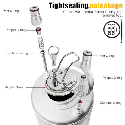 New 5 Gallon Corny Keg- Food Grade Stainless Steel Cornelius Keg with Ball Lock Quick Disconnect Set & Extra Lid Gaskets, Home Brew Beer Keg Equipment for Carbonating & Serving