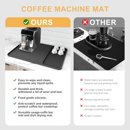 Silicone Coffee Mat, 24''x16'' Bar Mat with Detachable Dish Drying Mat - Fits Under Coffee Maker & Dish Rack - color: Black, size: 16" x 24"