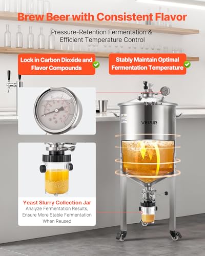 VEVOR Pressure Fermenter 15 PSI, 16 Gal/60L All-in-One Stainless Steel Conical Secondary Fermentation Bucket, with Cooling Tube, Yeast Slurry Collection Bottle, for Wine, Beer Brewing Equipment - size: 16 Gal-Fermenter2.0