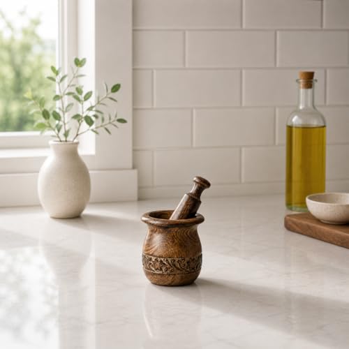 Handmade Wooden Mortar & Pestle Set Natural Rustic Style Herb Spice Grinder Masala Mixer Manual Kharal Mashing Bowl Seasonings Pill Crusher Kitchen Utensils Birthday Housewarming Gift Ideas