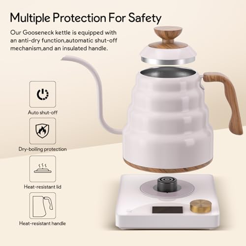 Electric Gooseneck Kettle, 30oz/0.9L Intelligent Temperature Control, Quick Heating, 304 Stainless Steel for Pour Over Coffee, Brew Tea, Boil Hot Water, 1000W （White） - color: White