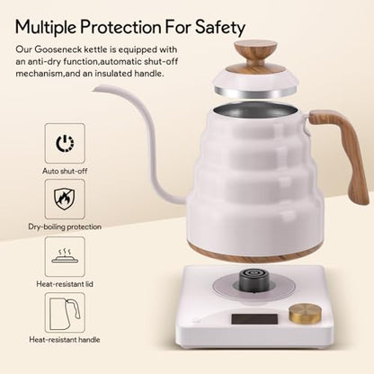 Electric Gooseneck Kettle, 30oz/0.9L Intelligent Temperature Control, Quick Heating, 304 Stainless Steel for Pour Over Coffee, Brew Tea, Boil Hot Water, 1000W （White） - color: White