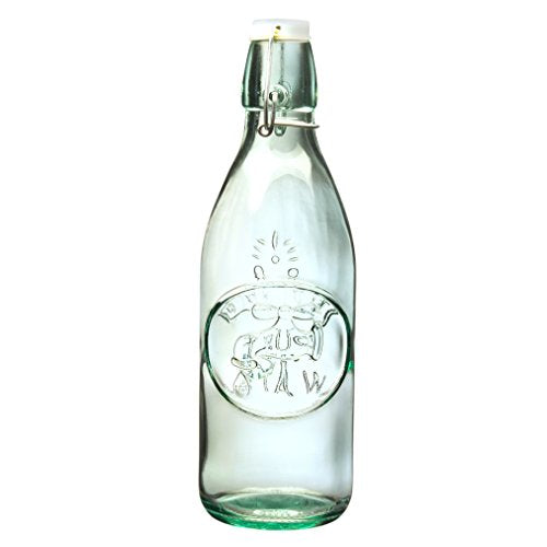 10 Strawberry Street Glass Water Bottles with Swing Top Lid, 34 oz Clear Embossed Bottle, Hermetic Airtight Seal, Made in Italy, Set of 6