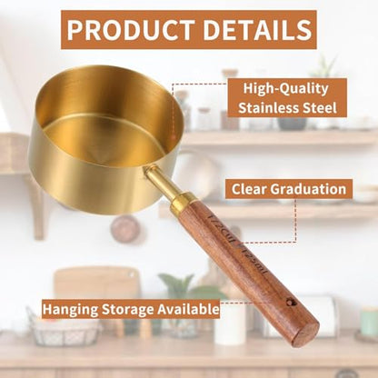 Measuring Cups and Spoons Set 8-Piece, Food-Grade Golden Nonstick with Non-Slip Wooden Handle, Engraved US/Metric Markings for Cooking Baking
