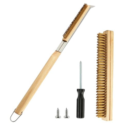 21'' Pizza Oven Brush with Scraper, Brass Bristles Pizza Stone Cleaning Brush with Long Handle and Hanging Loop for BBQ Grill Cleaning, Include 2 Brush Heads