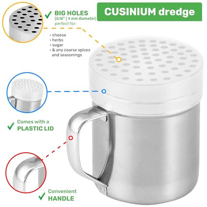 CUSINIUM 10oz Metal Parmesan Cheese Shaker with Large Holes - With Handle - Chili Flakes Dispensers - Pizza Shaker | Style: Coarse - size: 10 Oz
