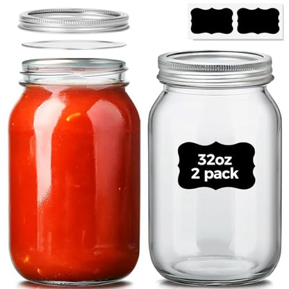 ComSaf 32 oz Wide Mouth Mason Jars 2 Pack Large Glass Jars with Lids | BPA-Free Materials, Quart Size, Chunky Salsa, Canning Pickling Sauce, Meal Prep Salad, Sourdough, Jam Jelly, Meal Prep - size: 32oz wide mouth 2PCS