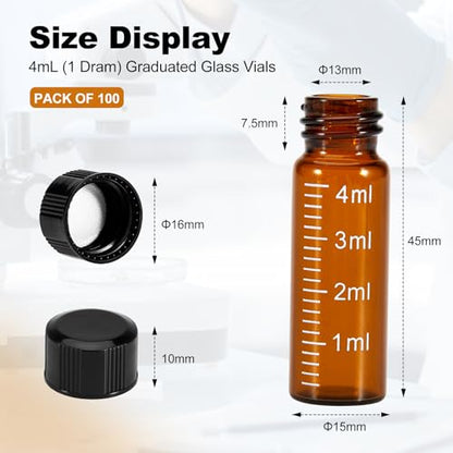 FOUR E'S SCIENTIFIC 100 Pack 4ml Glass Graduated Vials, 1 Dram Amber Small Sample Vials with Plastic Screw Caps Borosilicate Glass Sample Bottles for Liquid Powder Storage - color: Amber
