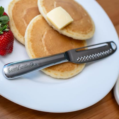 Ready Butter Pro 3-in-1 18/10 Stainless Steel Butter Knife & Cheese Slicer | Balanced 6" handle, beveled edge slices cheese, serrated edge, grate and curl, extra-sharp micro graters, spreads cold butter - style: Ready Butter Pro
