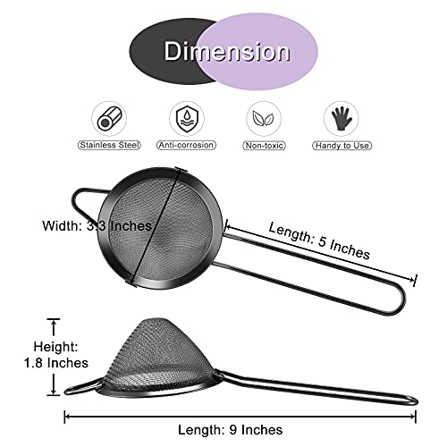 Black Small Strainer Set of 2, E-far 3.3 Inches Stainless Steel Fine Mesh Sieve with Long Handle, Metal Conical Strainers for Tea Cocktail Coffee Food, Rust Proof & Easy to Clean - color: Black-2