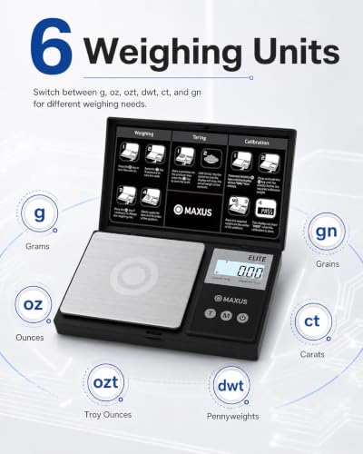 MAXUS Digital Pocket Gram Scale 500g x 0.01g High Precision with Tray, Weighs Small Food, Jewelry, Ounces, Grains, LCD Display, Tare Function - color: Black