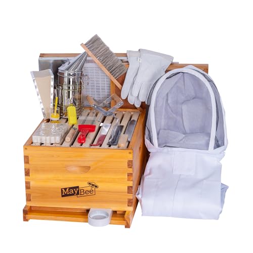 MayBee 8-Frame Beehive Starter Kit, Bee Hive Kit Dipped in 100% Beeswax, Bee Hives Boxes Starter Kit Includes Beekeeping Supplies Tool Kit and Bee Suit