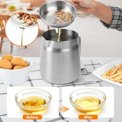 68oz Stainless Steel Oil Filter Pot with Deep Fryer Basket, Stovetop Fryer | Steel Pour Fryer for Fries, Kitchen Large Capacity Versatile Oil Strainer Vessel and Bacon Grease Saver for Cooking Grease