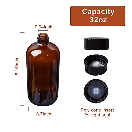 STARSIDE 32oz 4-Pack Amber Glass Boston Bottles with Airtight Seal & Caps | 1 Liter Glass Boston Round Bottles with Phenolic Poly Cone Caps, for Secondary Fermentation, Kombucha, Brewing and Juicing - size: L-32OZ-4pack