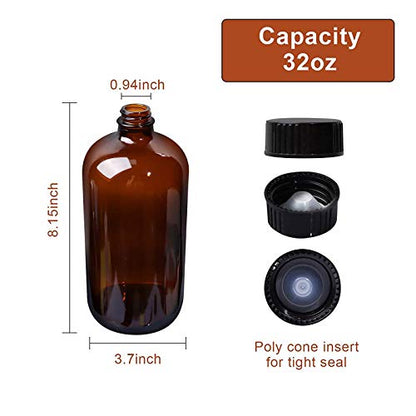 STARSIDE 32oz 4-Pack Amber Glass Boston Bottles with Airtight Seal & Caps | 1 Liter Glass Boston Round Bottles with Phenolic Poly Cone Caps, for Secondary Fermentation, Kombucha, Brewing and Juicing - size: L-32OZ-4pack
