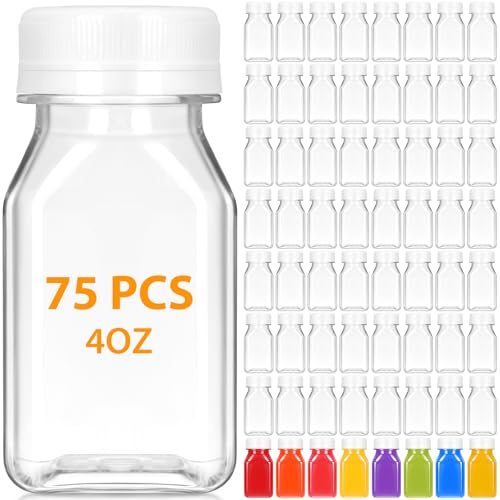 Gerrii 75 Pcs 4 oz Plastic Juice Bottles with Lid Small Reusable Clear Bottles with Caps Containers Bulk, Freezer Safe, Leakproof for Milk Smoothies Drinking Fridge (White) - color: White