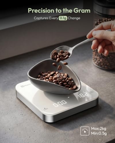 Maestri House S2 Espresso Coffee Scale with Timer, USB-C Rechargeable 2kg/0.1g Precision Shot Scale, Digital Scale for Espresso Brewing(White & Silver) - color: White&Silver