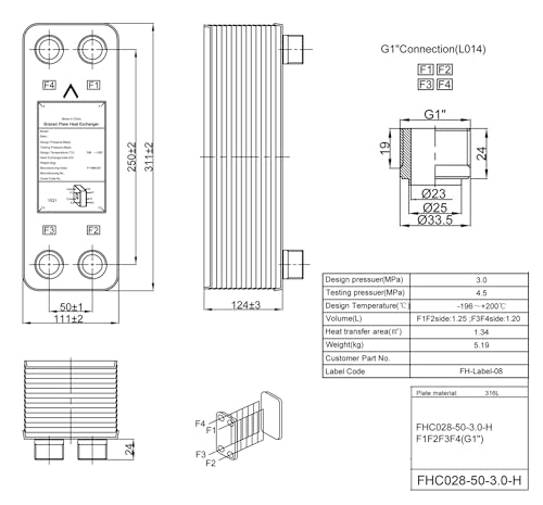 Female Thread Plate Wort Chiller Version 1.34m2 Heat Exchanger Areas 50 Plates 316L Stainless Steel Plate Heat Exchanger