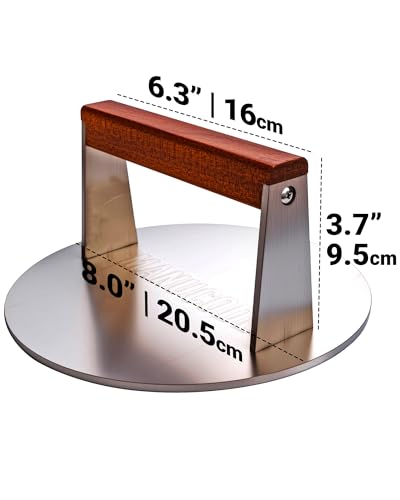 Smash Burger Press 8 Inch, 3.1 Lb Burger Smasher, Heatable for Searing Panini, Steak, Chicken, Salmon, Stainless Steel Bacon Press, Flat Bottom, Seasoning Free, Wooden Handle No Spin - size: 8"